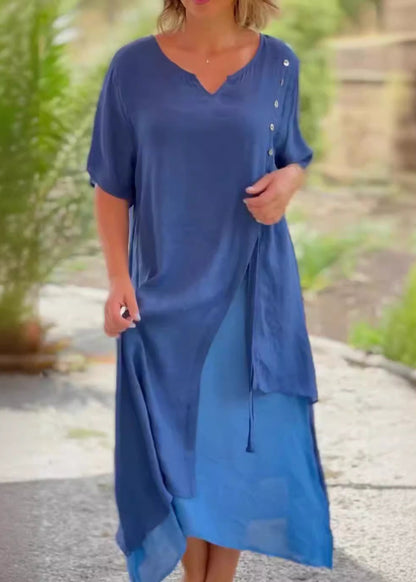 Loose Khaki V Neck False Two Pieces Patchwork Cotton Dress Summer