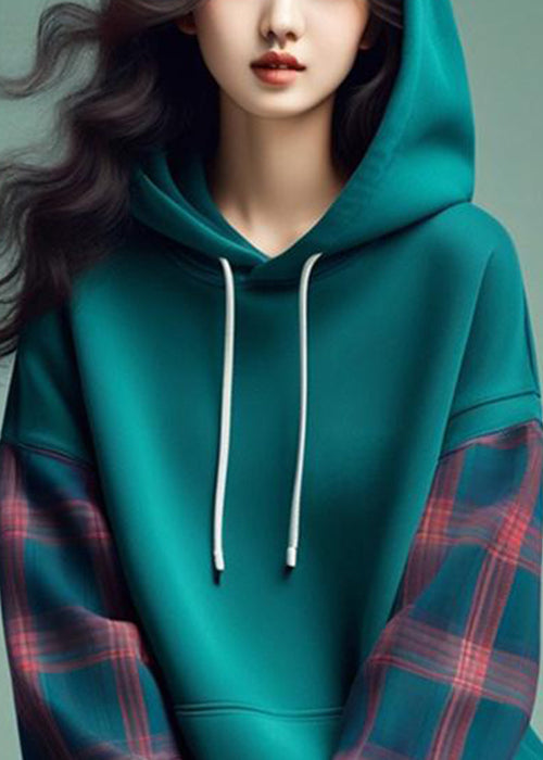Blue Hooded Plaid Patchwork Cotton Sweatshirts Spring