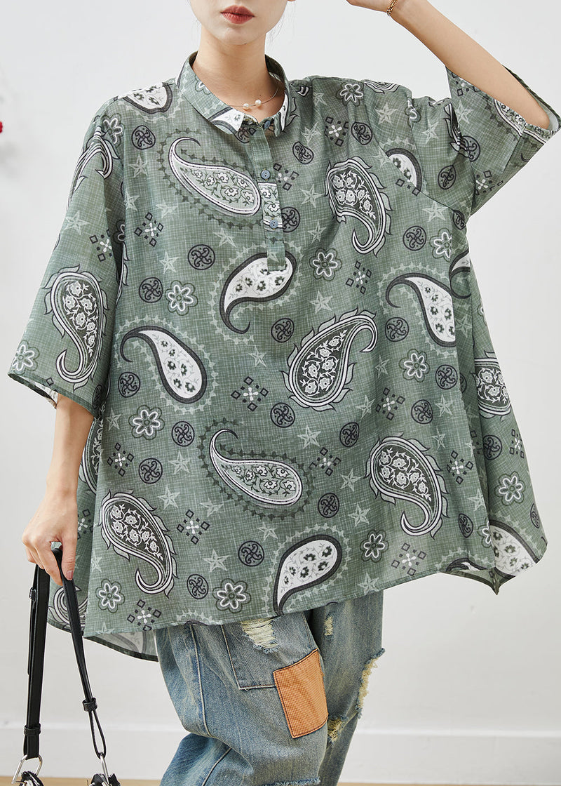 Grey Oversized Print Cotton Shirt Top Summer