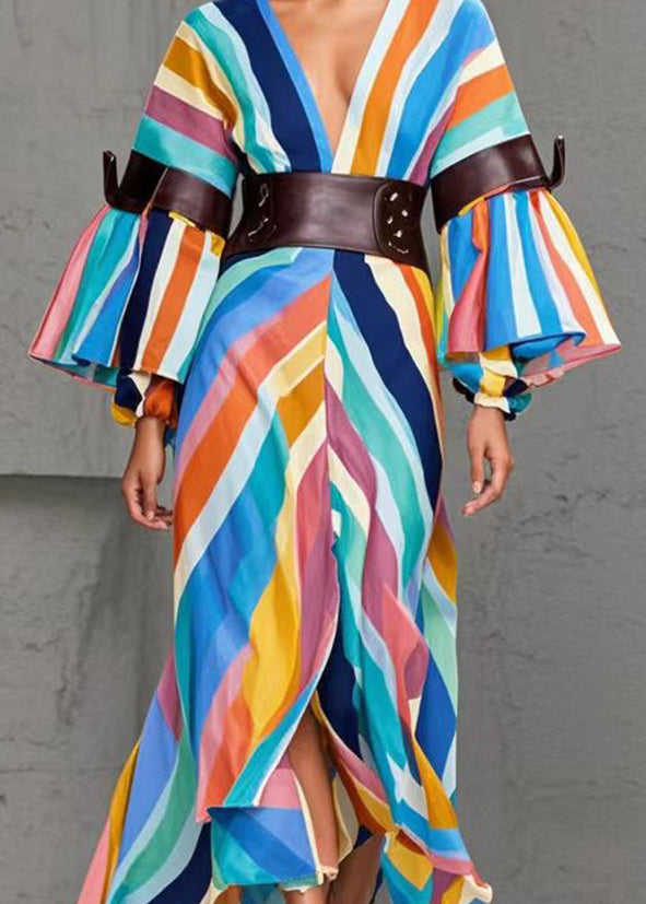 Rainbow Striped Side Open Cotton Cinched Dresses Fall