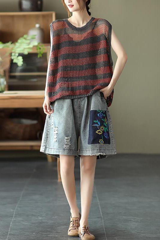Hollow Out Stripes O Neck Sleeveless Vest Top