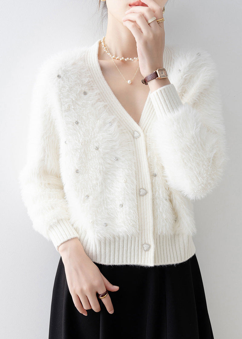 New White V Neck Zircon Mink Hair Knitted Cardigan Spring