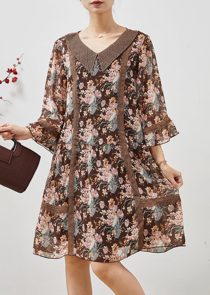 Brown Print Patchwork Lace Holiday Dress Summer