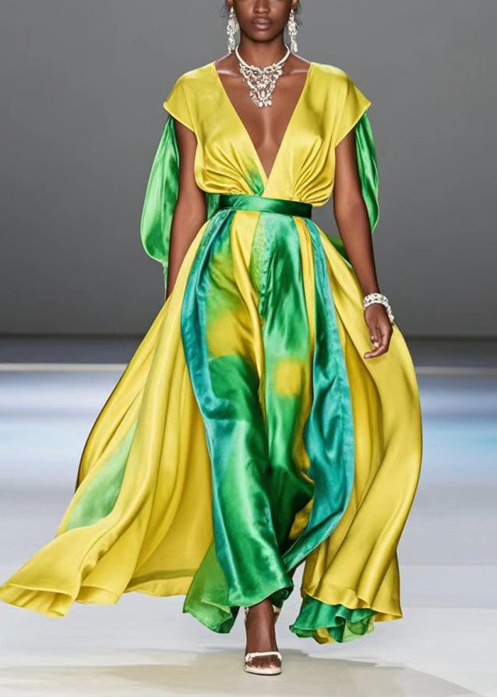 Yellow Cinched Tie Dye Silk Long Dresses Summer