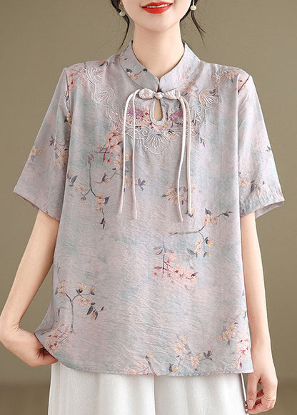 Light Purple Tasseled Print Cotton Top Short Sleeve