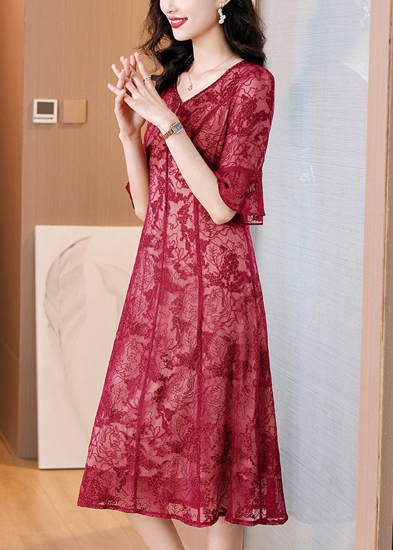 Red V Neck Embroidered Silk Dress Flare Sleeve