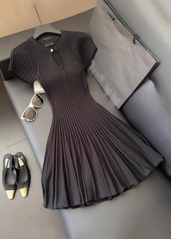 Black O Neck Wrinkled Knit Mid Dress Summer