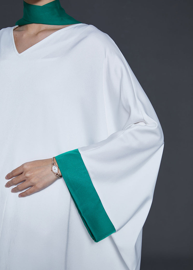 White Oversized Patchwork Silk Dresses Batwing Sleeve