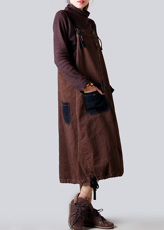 Brown Pockets Drawstring Denim Strap Dresses Fall