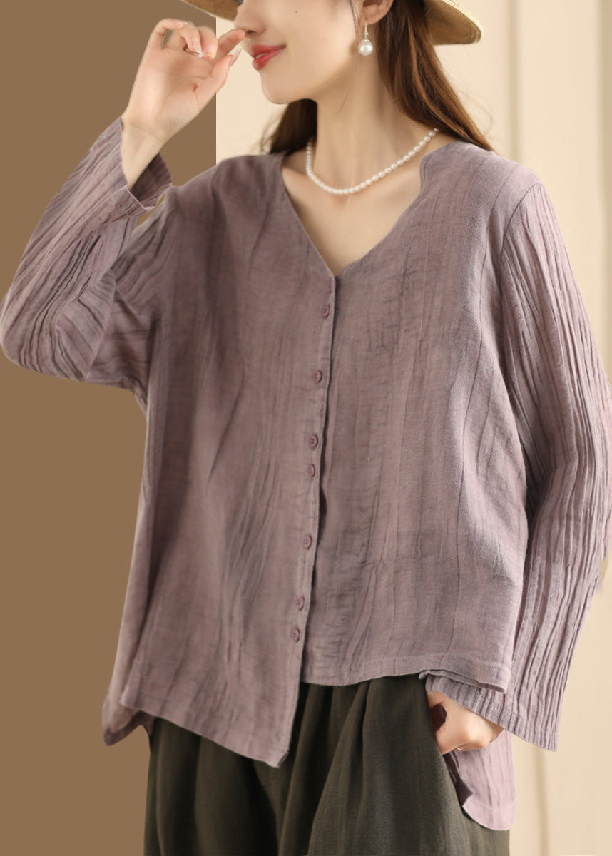 Blue V Neck Button Wrinkled Linen Top Long Sleeve