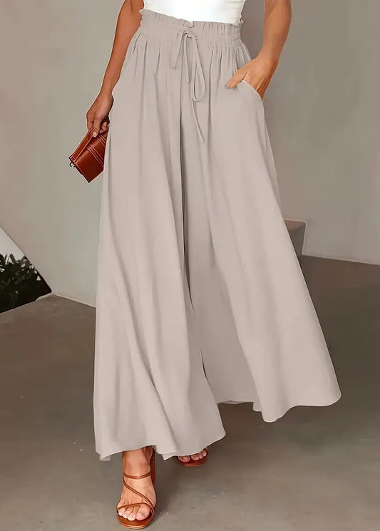 Summer Light Grey Elastic Waist Wide Leg Pants