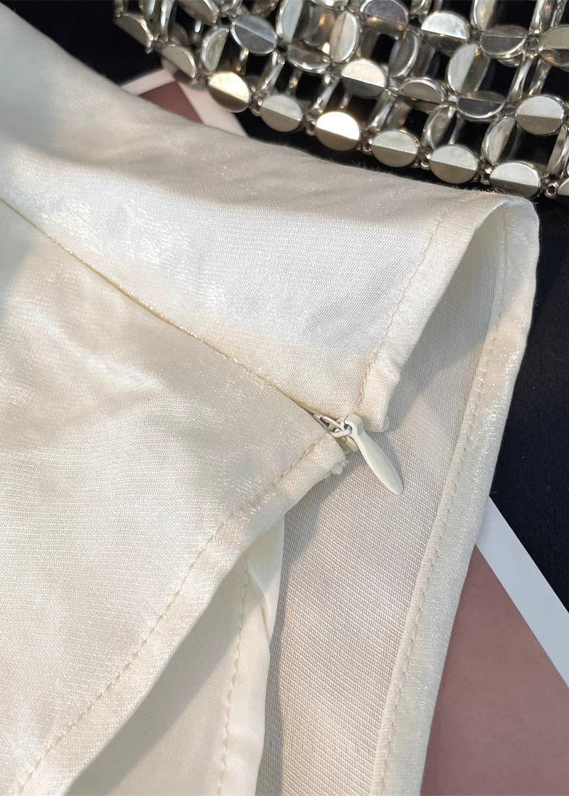 Beige Square Collar Front Open Silk Shirt Summer