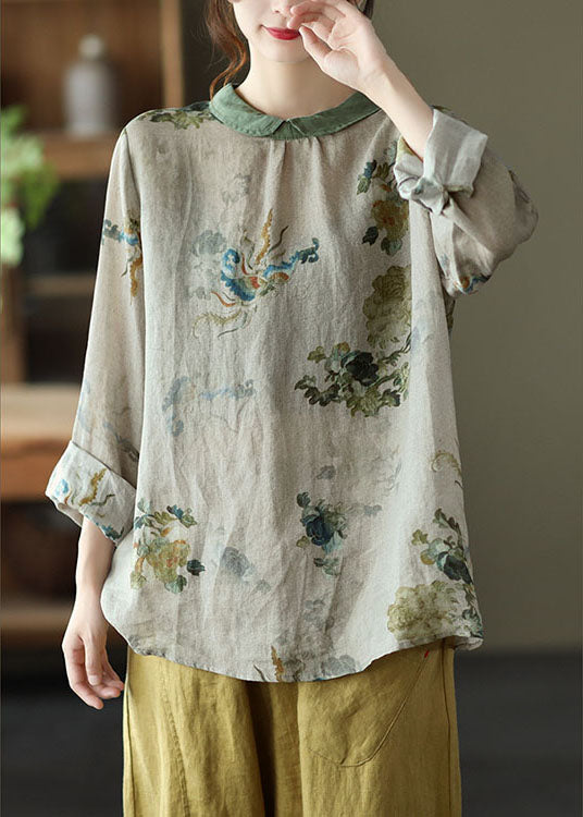 Diy Green Peter Pan Collar Print Fall Shirt Long Sleeve