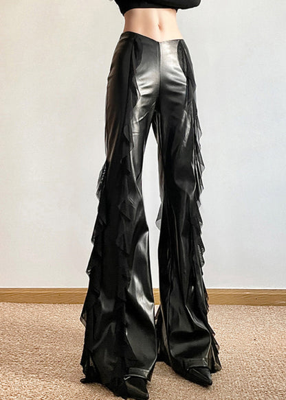 Black Ruffled Patchwork Asymmetrical Faux Leather Wide Leg Pants