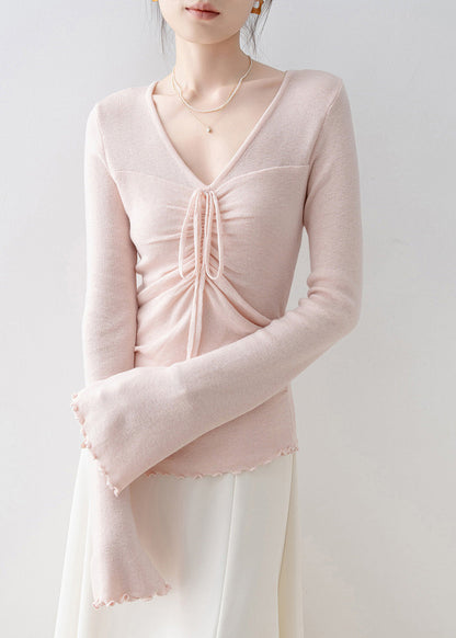 Pink V Neck Bow Knit Top Flare Sleeve