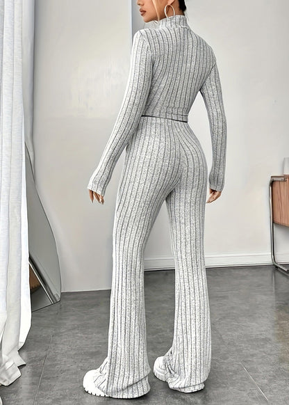 Stylish Light Grey High Neck Knit Two Piece Set Clothing Spring