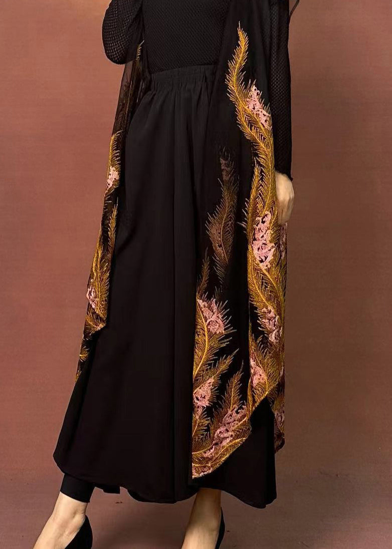 Original Design Black Embroidered Wide Leg Pants Spring