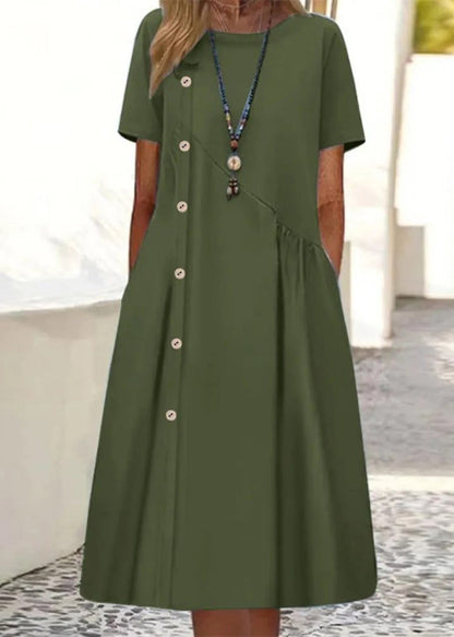 Blue O Neck Pockets Patchwork Cotton Dress Summer