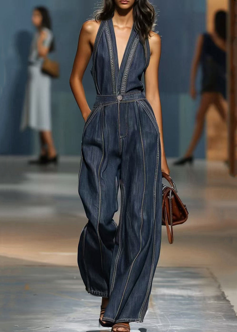 Denim Blue V Neck Pockets High Waist Jumpsuits Sleeveless