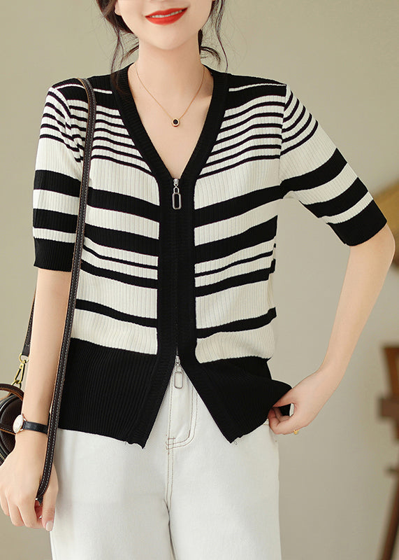 Black White Striped Zippered Knit Cardigan Spring