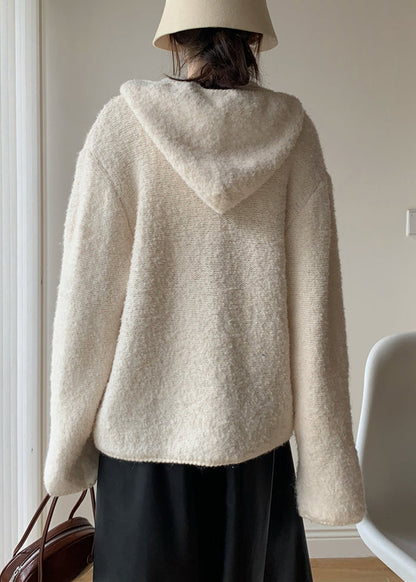 Loose Beige Hooded Button Cotton Knit Coat Winter