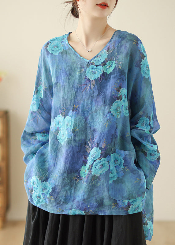 Style Blue Oversized Linen Shirt Tops Spring