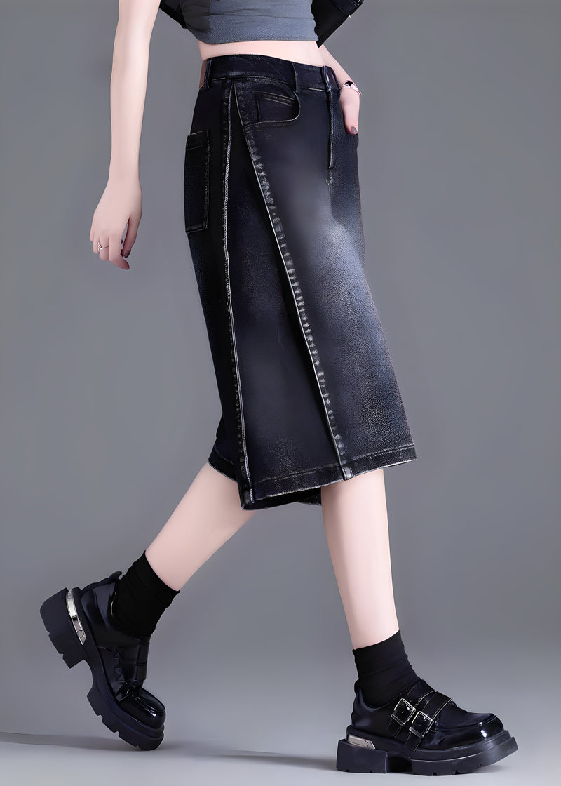 Black Pockets Patchwork Denim Crop Pants Summer