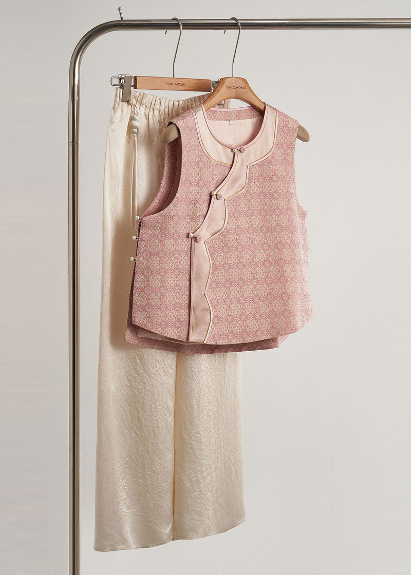 Pink Jacquard Patchwork Silk Oriental Vests Fall