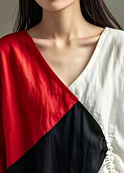 Colorblock Patchwork Linen Tops V Neck Drawstring Summer
