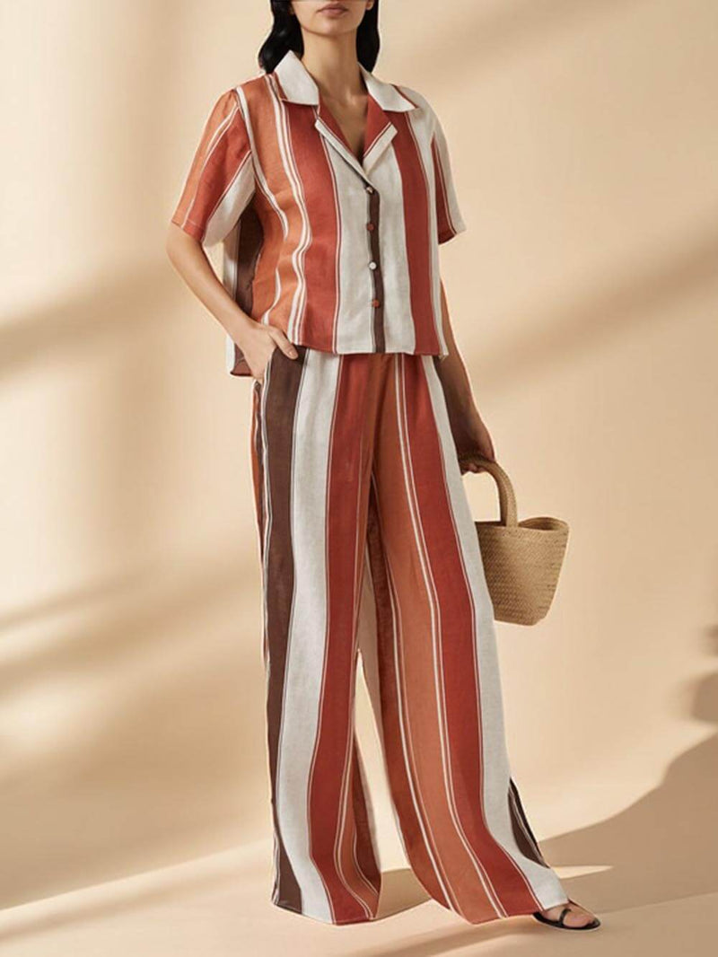 Striped Print Loose Wide Patchwork Button-down Shirt