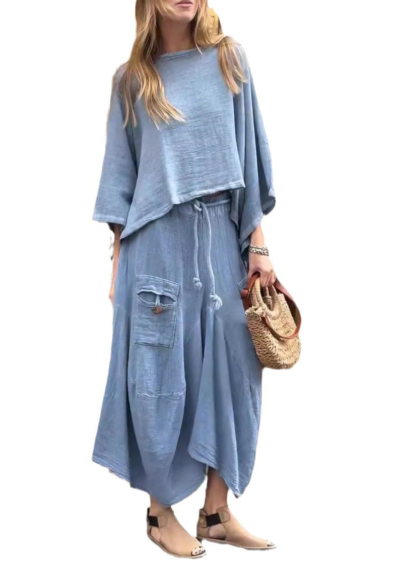 Blue Tops and Skirts Cotton Two Pieces Set Summer