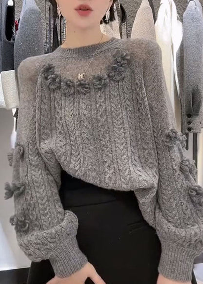 Art Grey O-neck Cable Knit Sweater Winter