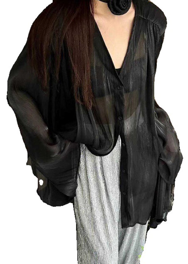 French Black V Neck Button Shirts Tops Long Sleeve
