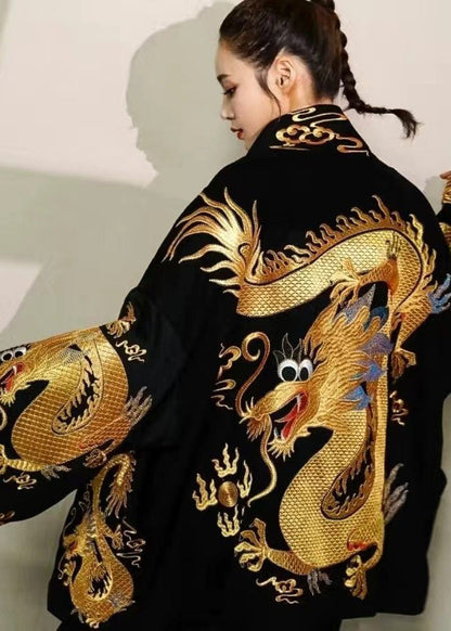 Gold Painted Dragon Oversized Cotton Cardigan Jacket