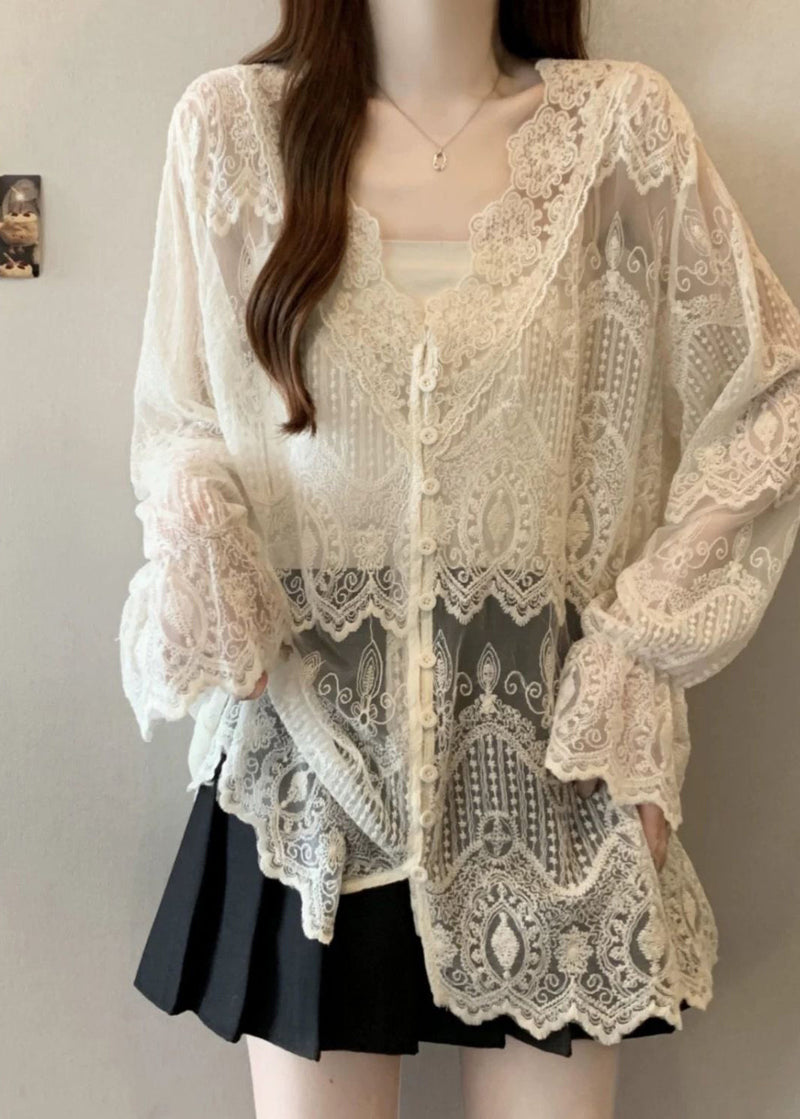 Apricot V Neck Button Lace Shirt Butterfly Sleeve