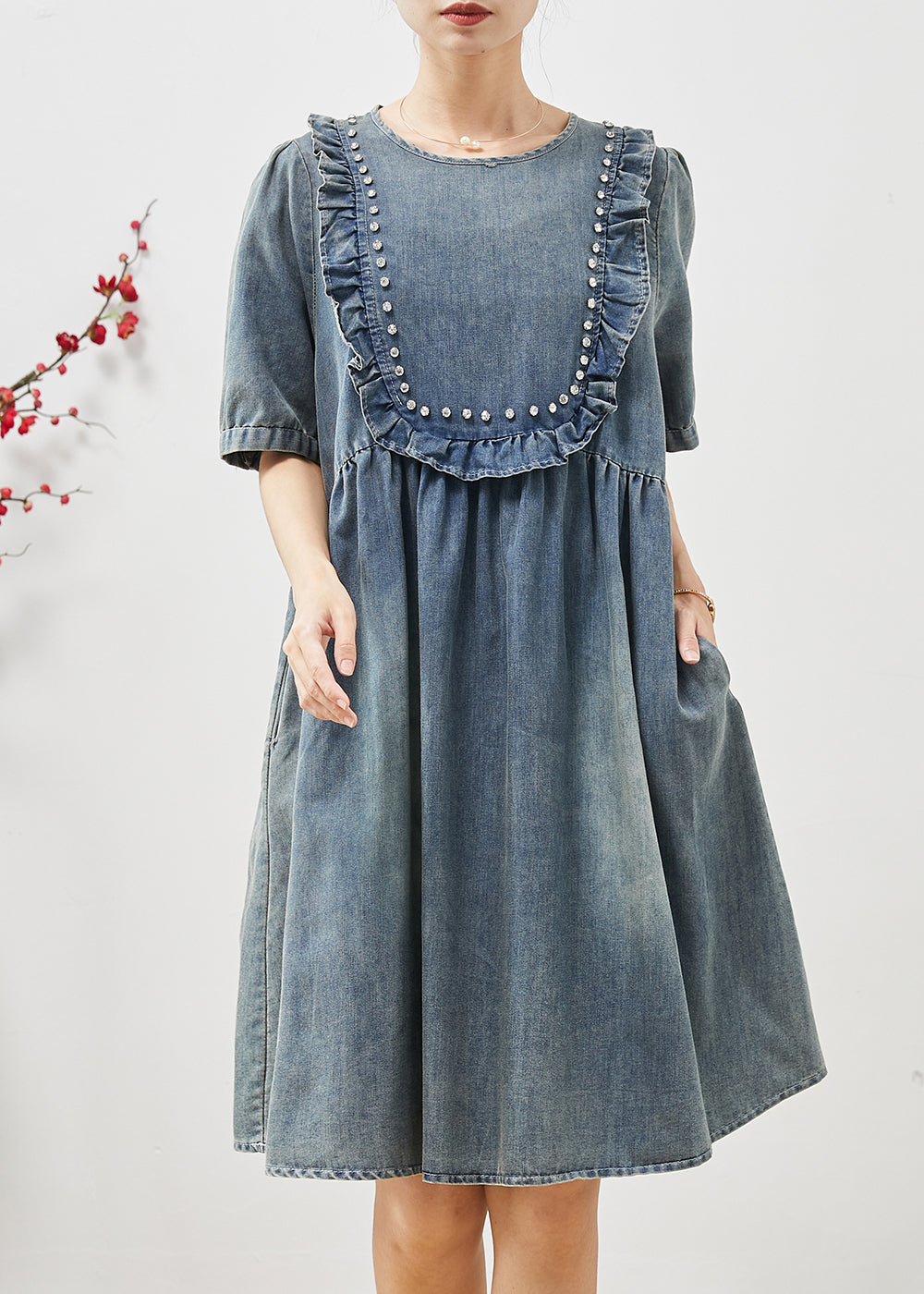 Blue Ruffled Nail Bead Denim Dresses Summer