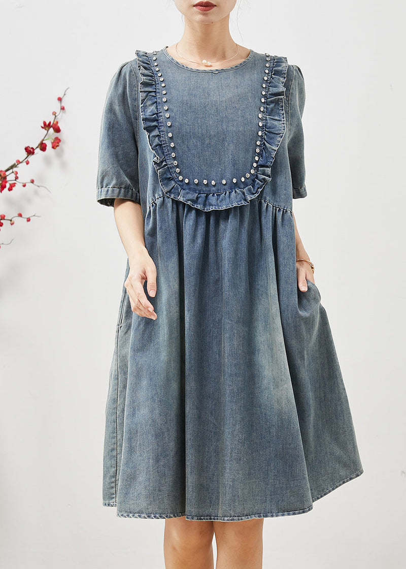 Blue Ruffled Nail Bead Denim Dresses Summer