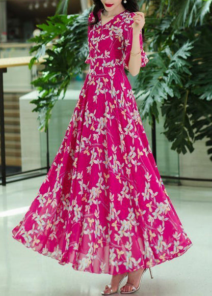 Organic Rose V Neck Print Wrinkled Chiffon Maxi Dresses Summer