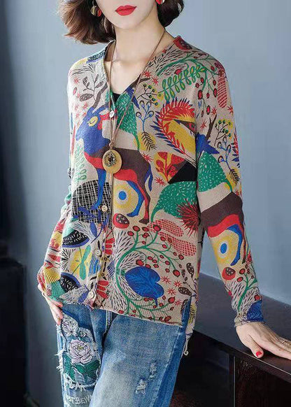 Khaki V Neck Print Button Knit Cardigan Spring