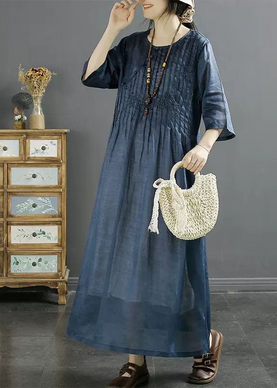 Italian Blue O Neck Embroidered Patchwork Long Linen Dresses Summer