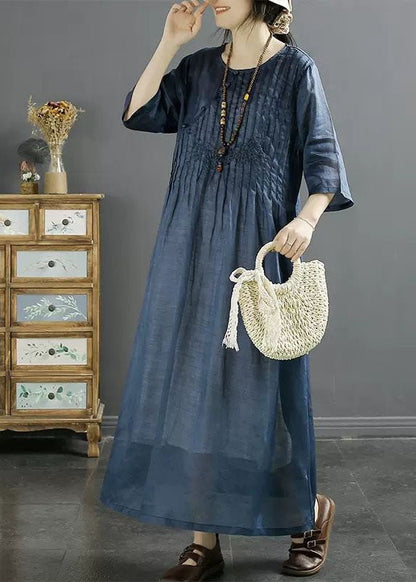 Italian Blue O Neck Embroidered Patchwork Long Linen Dresses Summer