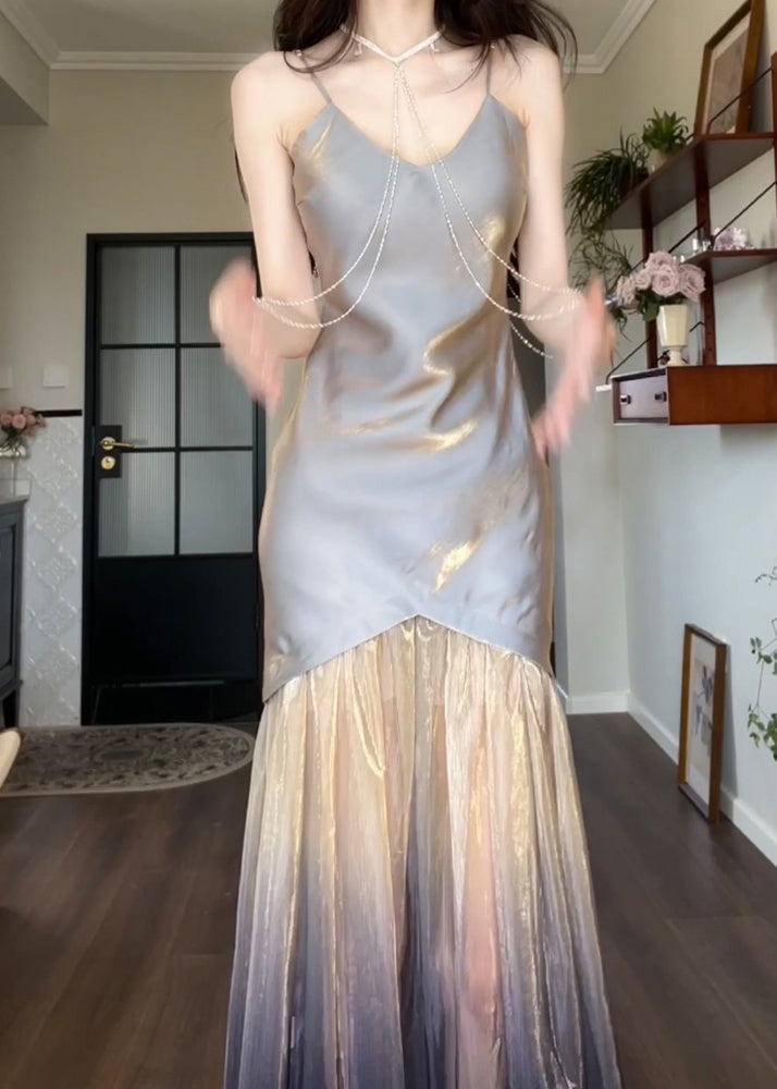 Grey V Neck Tulle Patchwork Spaghetti Strap Dress Sleeveless