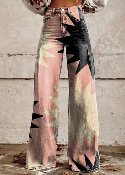 Rose Print Pockets High Waist Denim Pants Spring