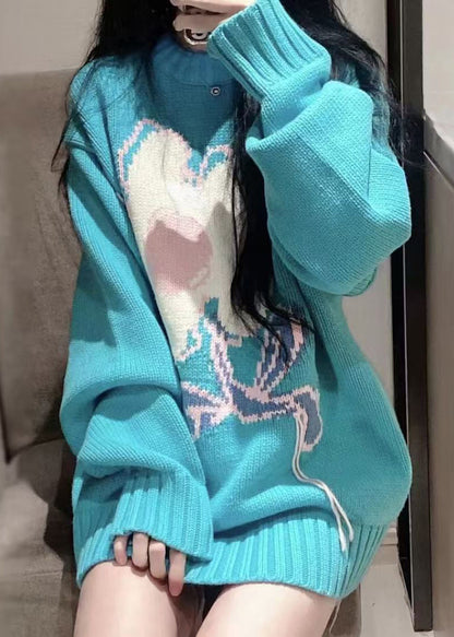 Art Blue O Neck Cozy Knit Sweater Spring