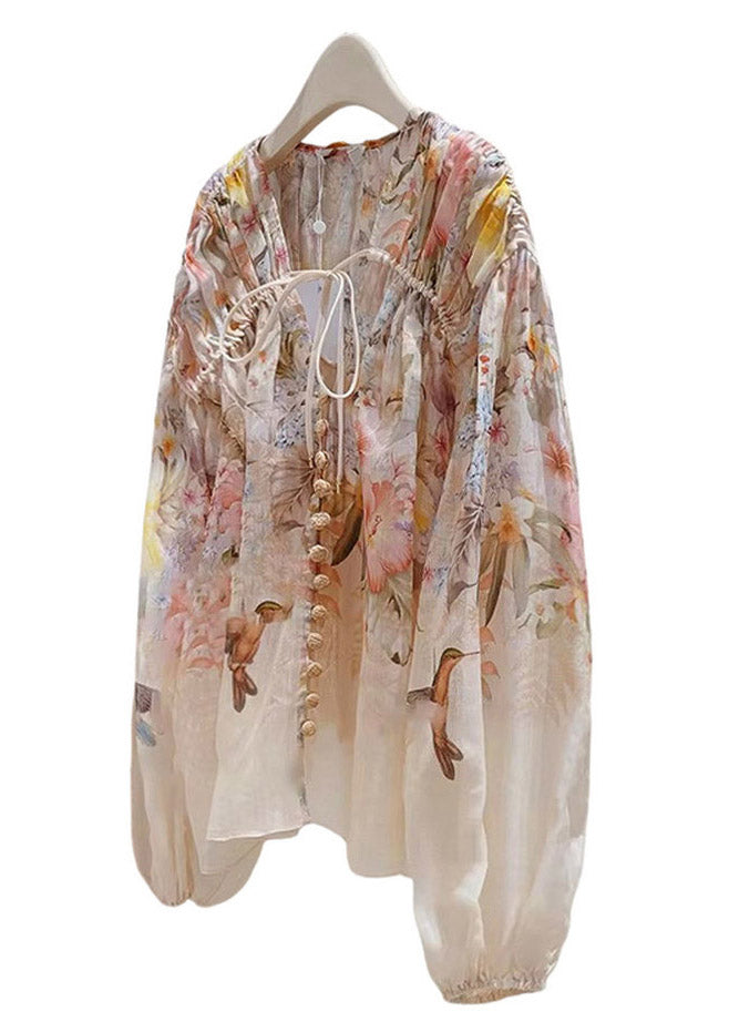 Print Wrinkled Tie Linen Shirts Spring