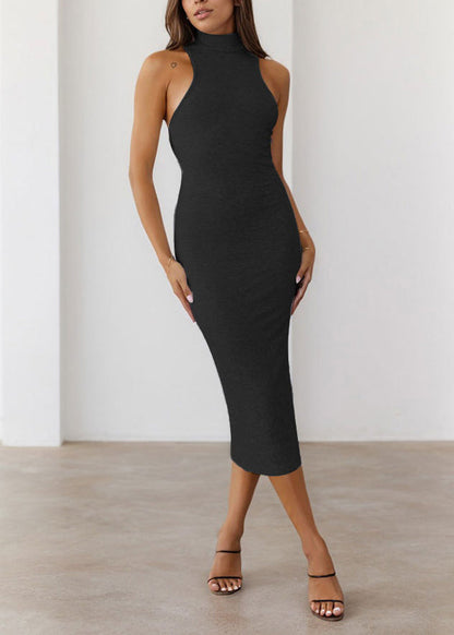 Simple Slim Fit Black Hign Neck Cotton Long Dress Sleeveless