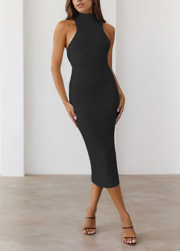 Simple Slim Fit Black Hign Neck Cotton Long Dress Sleeveless