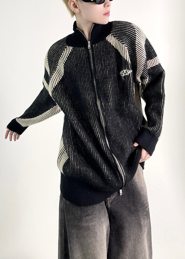 Black Zip Up Knit Fall Coat Stand Collar
