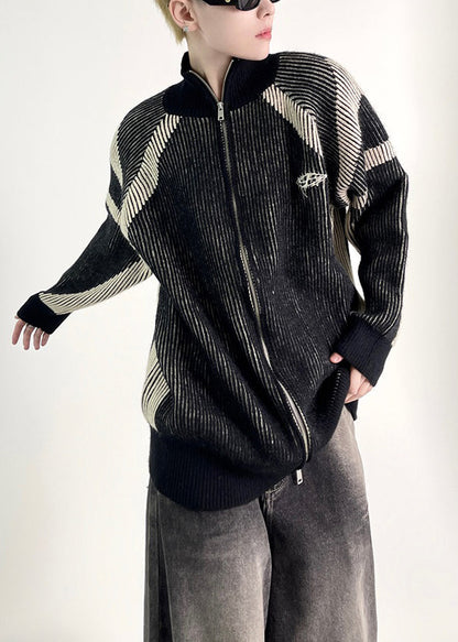 Black Zip Up Knit Fall Coat Stand Collar