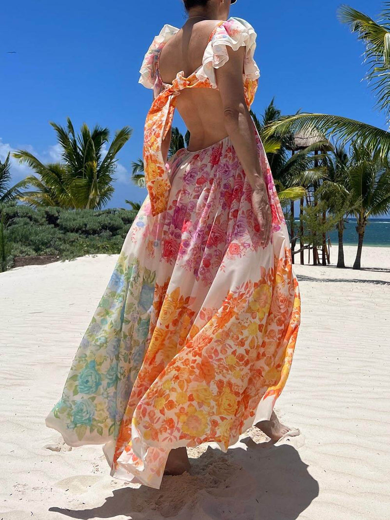 Cutout Back Frill Tie-up Maxi Dress